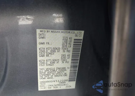 2015 Nissan Titan Sv z USA, uszkodzony, nr VIN 1N6AA0ED1FN512100